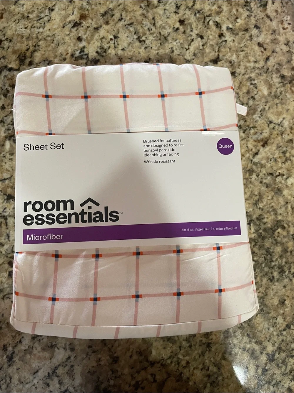 Room Essentials Queen Microfiber Sheet Set in White with Pink and Navy Plaid